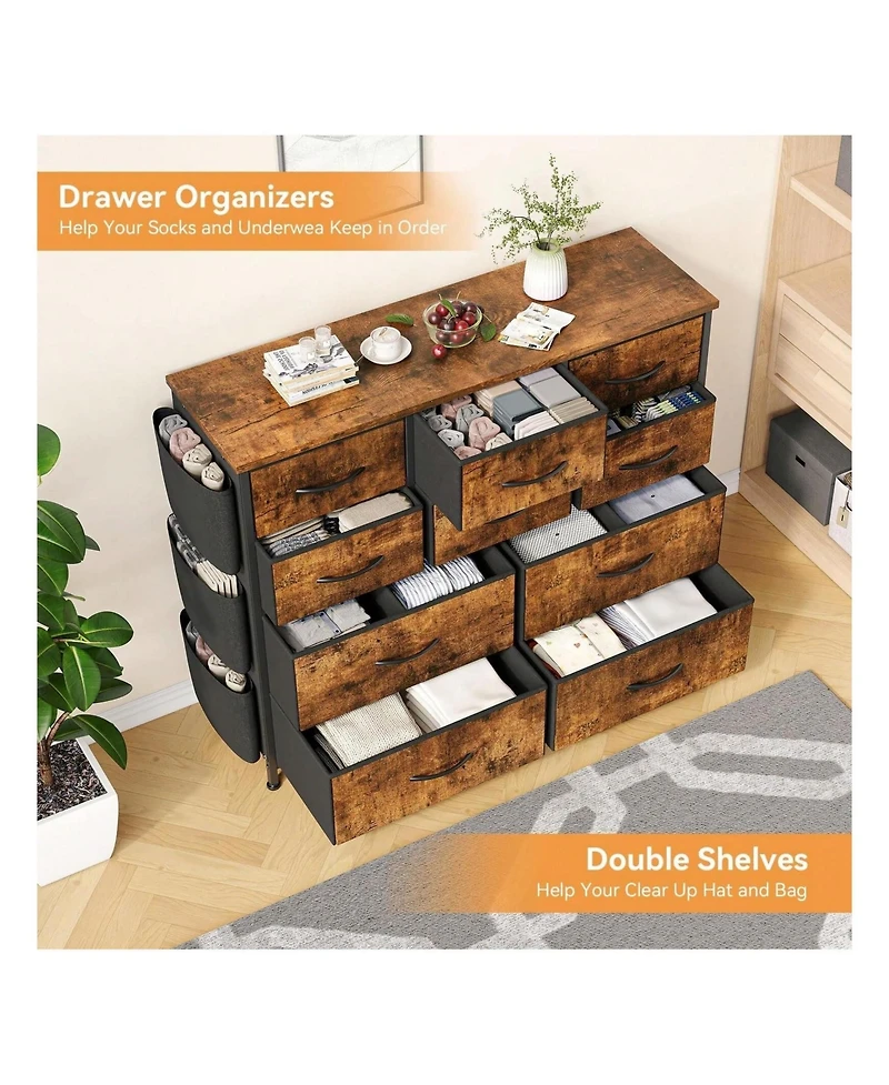 Dresser For Bedroom, 10 Drawers Fabric Storage Drawer, Dressers & Chest Of Drawers With Side Pockets, Hooks, Wood Tabletop For Closet, Living Room, Ha
