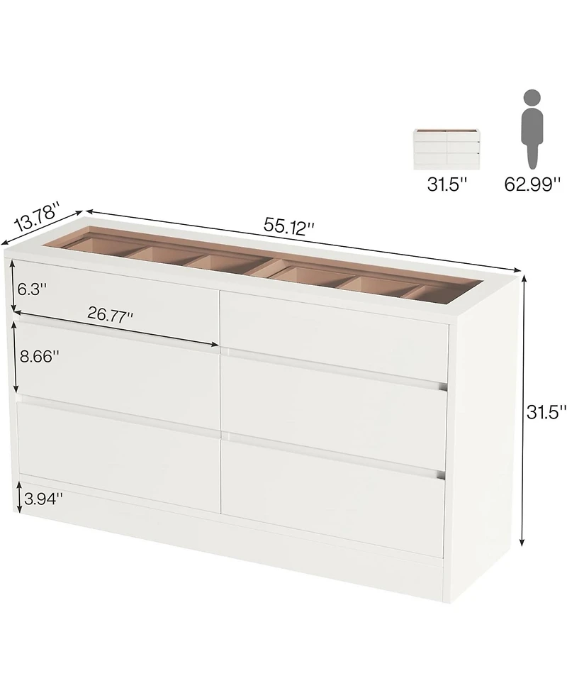 Tribesigns 6 Drawer Dresser with Jewelry Display Storage, Modern White 55" Chest of Dresser with Glass Top, Wood Double Dresser Storage Organizer for