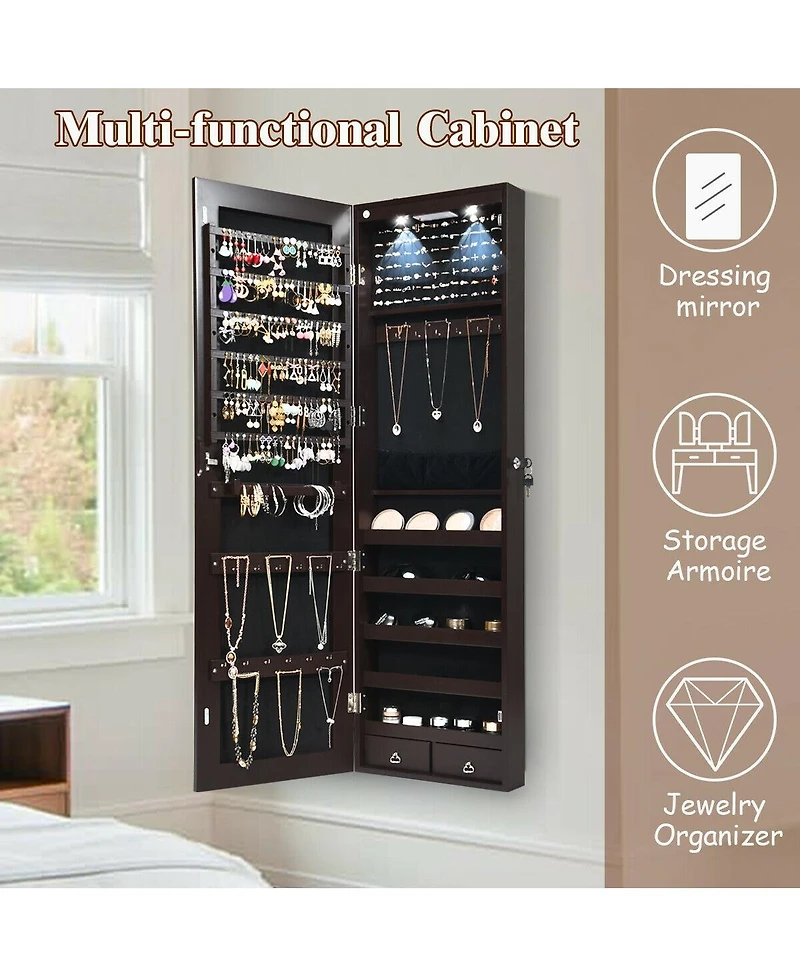 Sugift Wall and Door Mounted Mirrored Jewelry Cabinet with Lights-Brown