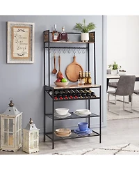 Kings Brand Furniture Red Tile Bakers Rack with 9 Wine Bottle Capacity & 8 Hooks - Kitchen Storage Organizer