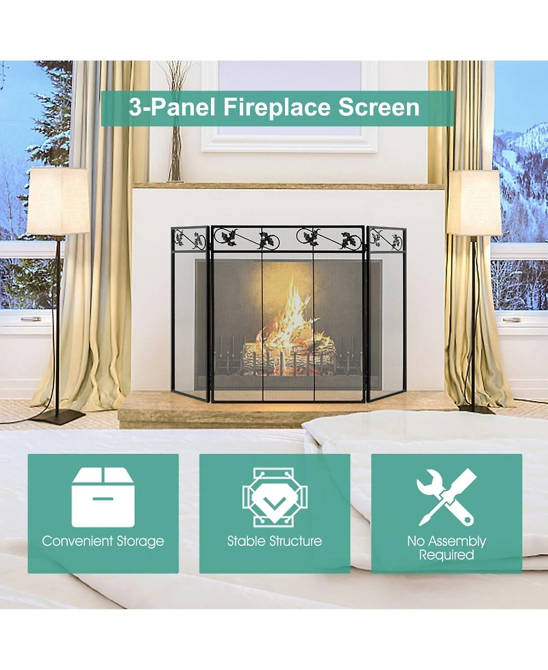 Sugift 3-Panel Fireplace Screen Decor Cover with Exquisite Pattern
