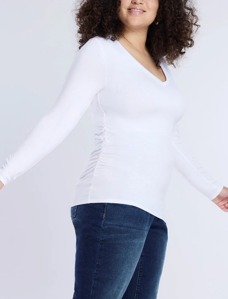 Motherhood Maternity V-Neck Side-Ruched Long Sleeve Tee