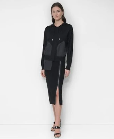 Dkny Womens Pull On Zip Trim Fitted Midi Pencil Skirt Hooded Sweater