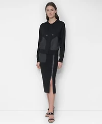 Dkny Womens Pull On Zip Trim Fitted Midi Pencil Skirt Hooded Sweater