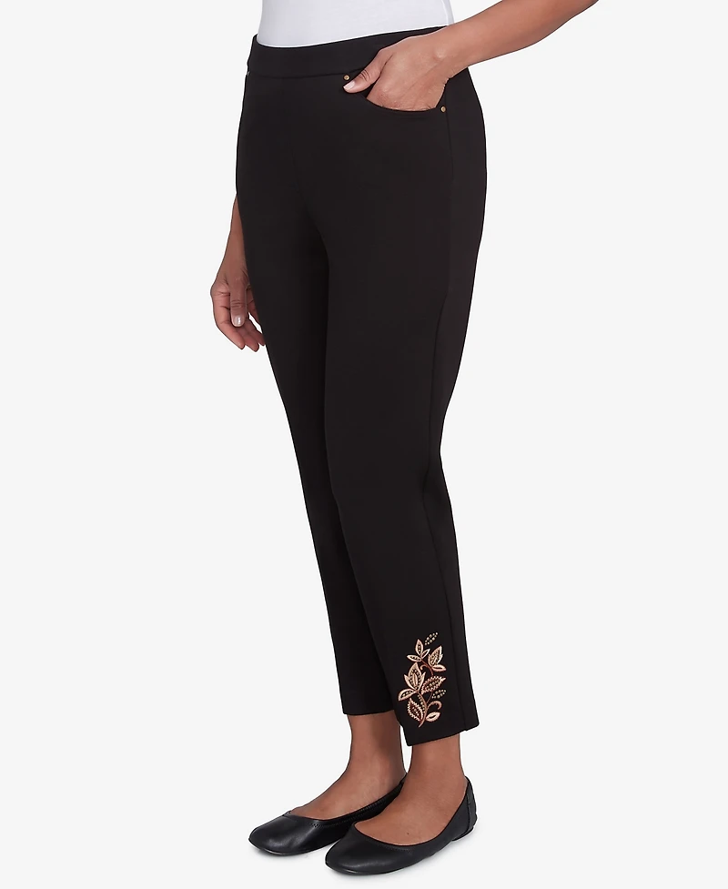 Alfred Dunner Women's Rue Rivoli Embroidered Leaf Flat Elastic Waist Short Length Ponte Pants