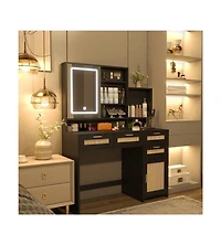 gaomon Makeup Vanity With Lights In 3 Colors And Openable Mirror, Vanity Desk With 4 Drawers, 1 Cabinets And Shelves, Vanity Table Rattan Vanity Dress