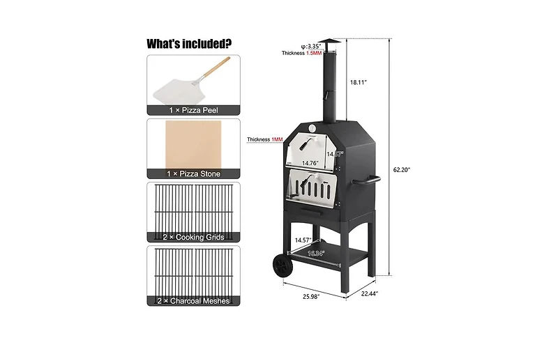 Outdoor Wood-Fired Pizza Oven – Portable Backyard Pizza Oven with Pizza Stone, Peel & Grill Rack