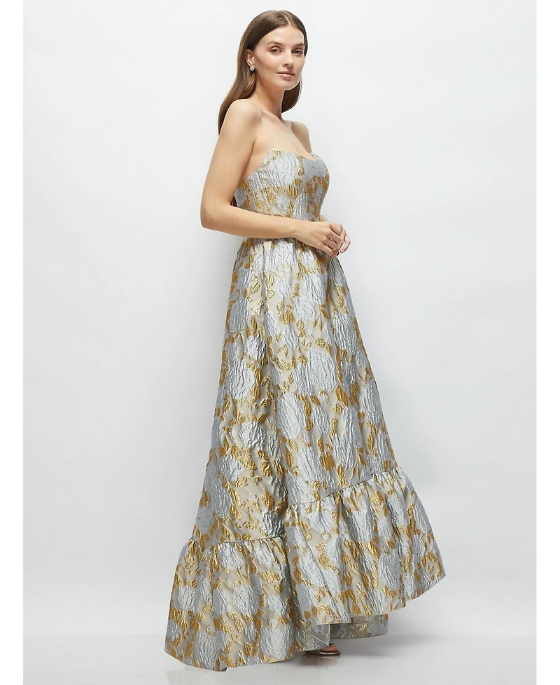 Dessy Collection Women's Strapless Cat-Eye Boned Bodice Brocade High-Low Dress