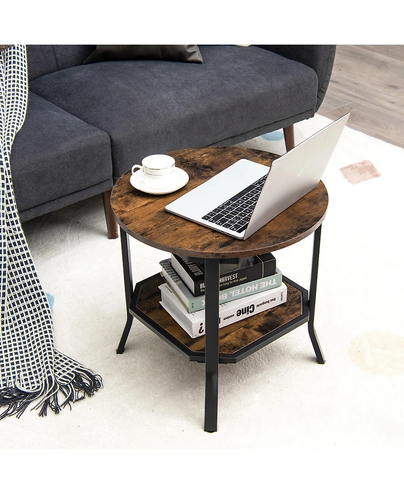Gymax 2-Tier Sofa End Side Table Nightstand Round Tabletop for Living Room