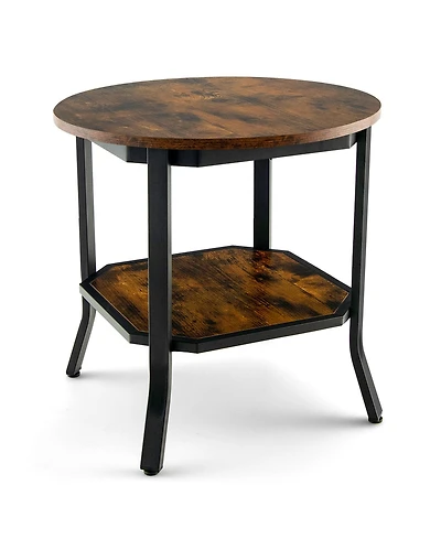 Gymax 2-Tier Sofa End Side Table Nightstand Round Tabletop for Living Room