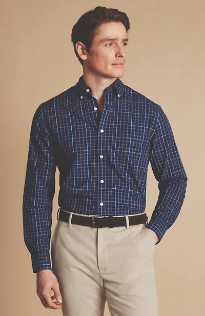 Charles Tyrwhitt Men's Slim Fit Plaid Check Non-Iron Stretch Poplin Shirt