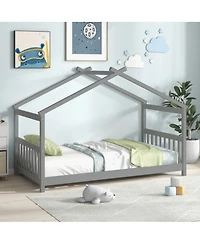 Sugift Twin Size Wooden House Bed with Roof