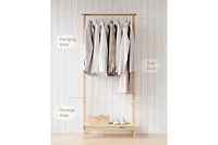 gaomon Bamboo Clothes Rack, Freestanding Clothing Rack with Storage Shelf and Hanging Rod, Easy Assemble, Portable Clothes Rack, Wooden Space-Saving G