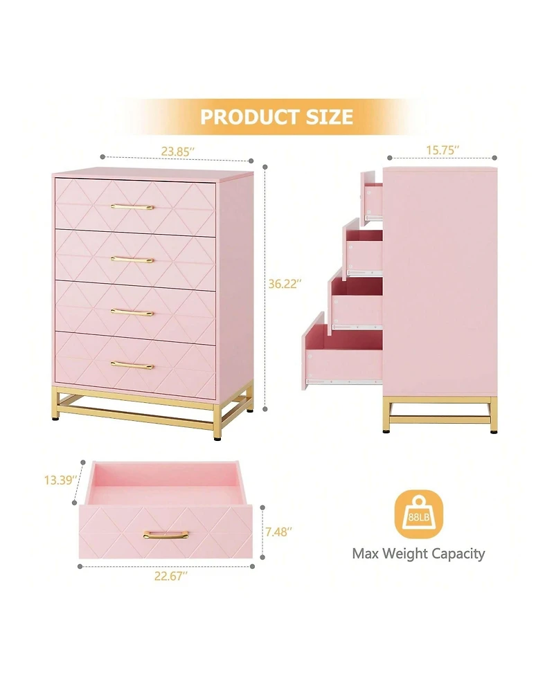 Dresser For Bedroom With 4 Drawers And Metal Handle,Chest Of Drawers, Sturdy Frame Modern Bedroom Furniture, Wood Dressers With Drawers