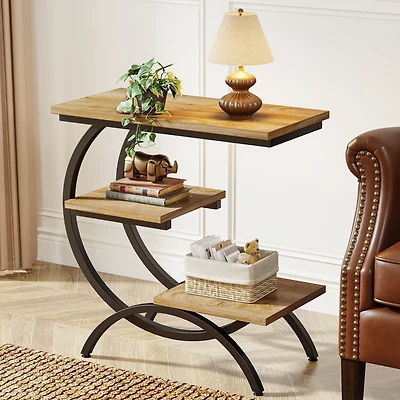 Tribesigns 3-Tier Small Side Table with Storage Shelves,Wood C-Shaped End Table for Living Room Small Space
