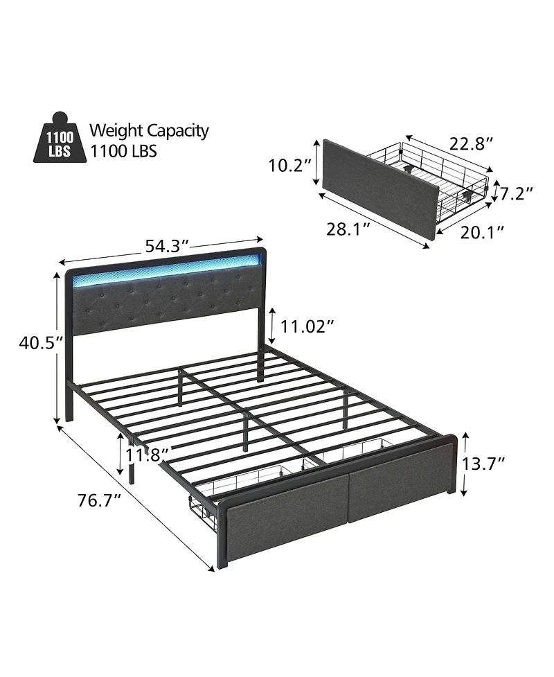 gaomon Full Size Bed Frame with Led Lights Headboard, Upholstered Bed with Headboard and 2 Storage Drawers