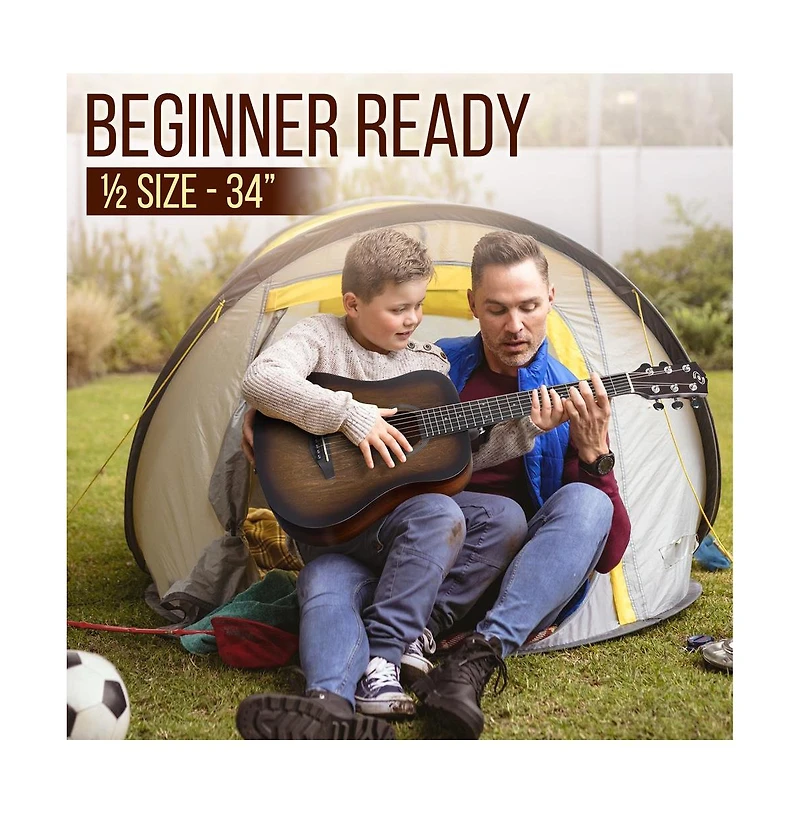 Pyle 34" Acoustic Guitar Kit - 6-String 1/2 Junior Size Guitar with Accessories, Brown (PGA820BR)