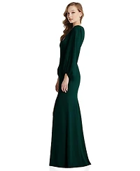 Womens Long Puff Sleeve V-Neck Trumpet Gown