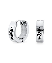 Bling Jewelry Mens Dragon Hoop Huggie Earrings Laser Gold Tone Stainless Steel
