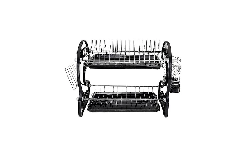 2-Tier Dish Drying Rack – Dual-Layer Dish, Bowl, and Utensil Organizer with Drain Tray, Black Steel