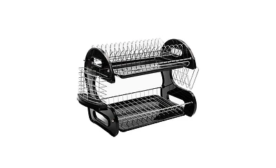 2-Tier Dish Drying Rack – Dual-Layer Dish, Bowl, and Utensil Organizer with Drain Tray, Black Steel