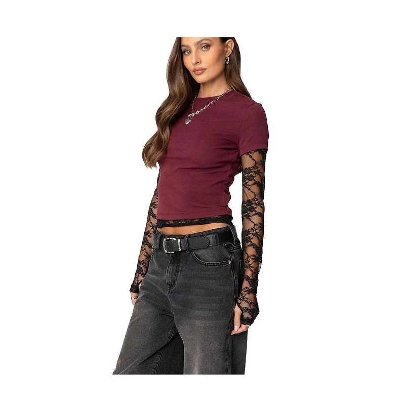 Edikted Womens Layered Lace Sleeve T Shirt
