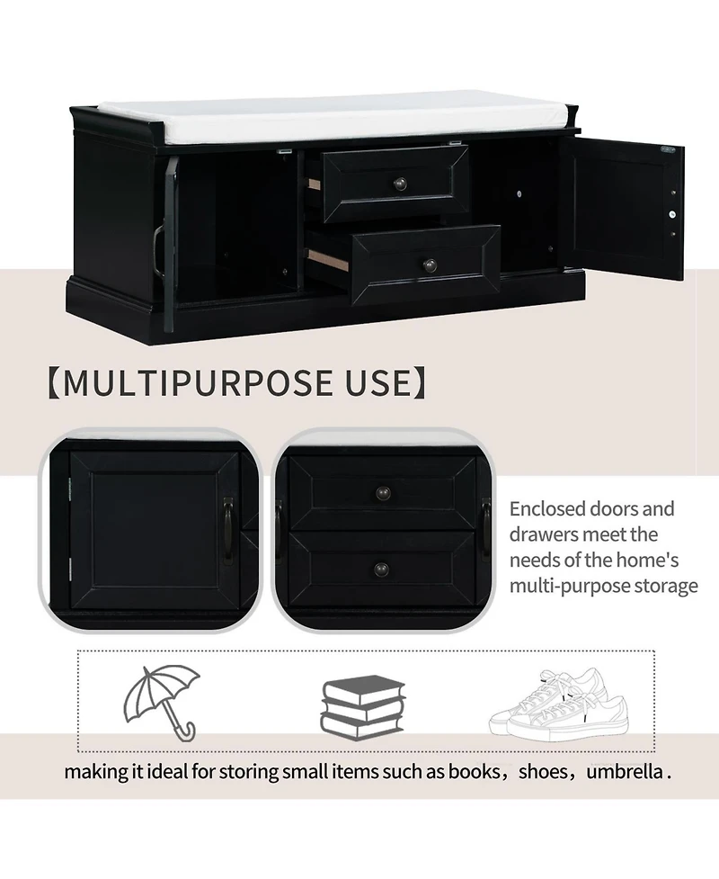 Slickblue Storage Bench with 2 Drawers and Cabinets Shoe Removable Cushion for Living Room Entryway