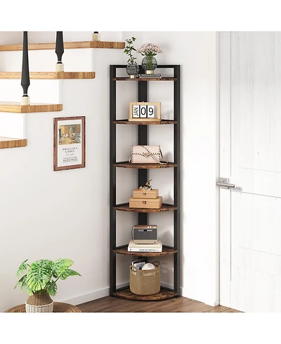 Tribesigns 70.9 Inch Tall Corner Bookshelf Small Bookcase Rustic Shelving Unit Storage Rack,6 Tier Shelf