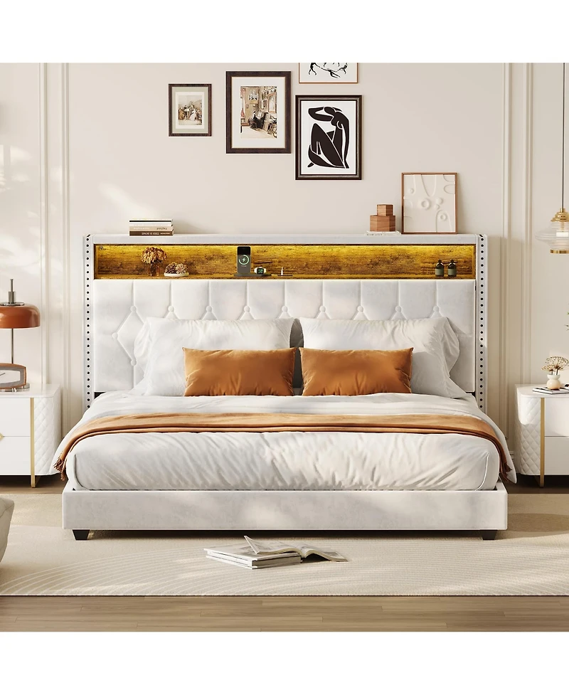 gaomon Queen Velvet Upholstered Bed Frame with Storage Headboard and Built-in Charging Station
