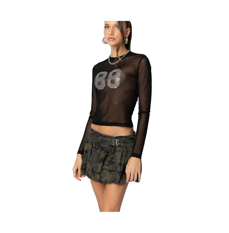 Edikted Womens Rhinestone Sheer Mesh Top