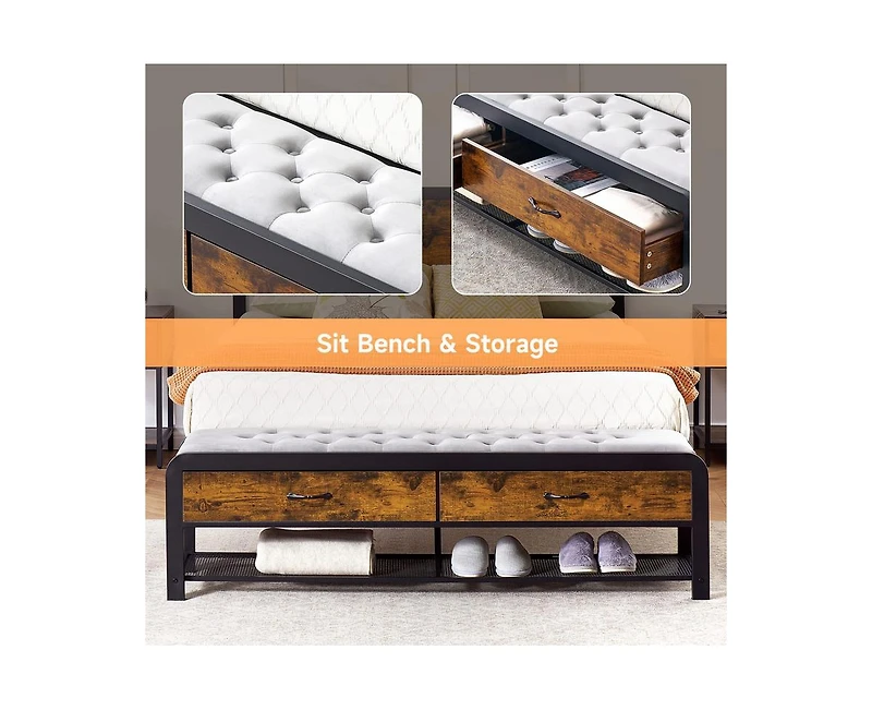 gaomon Queen Size Metal Bed Frame with Rounded Corners, Platform Frame with Storage Bench, Double Bed Frame for Bedroom, No Box Spring Required