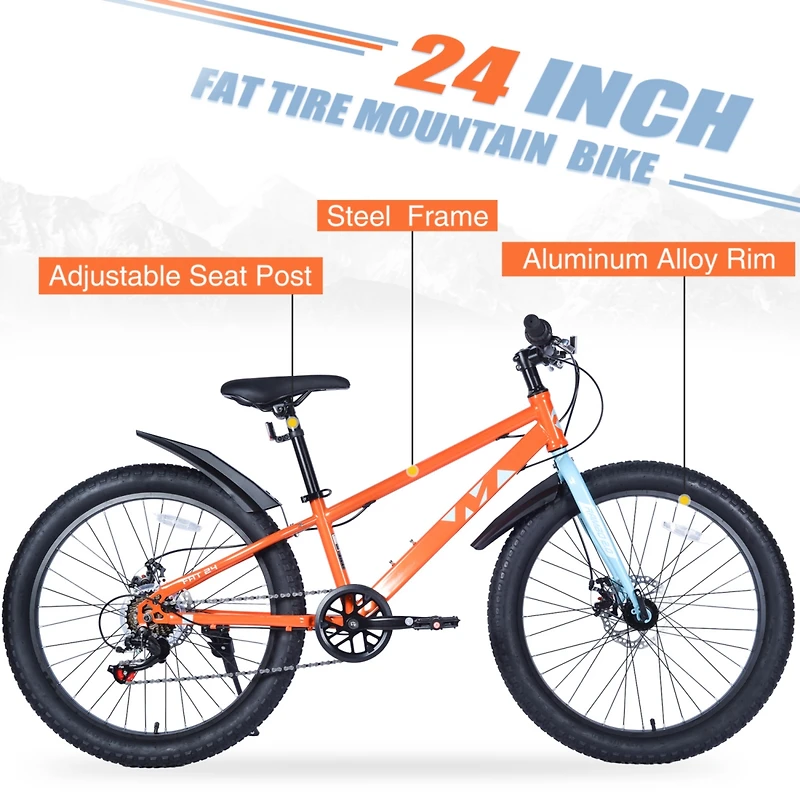 Streamdale Boys'/Girls' 24" Fat Tire Mountain Bike, 7-Speed