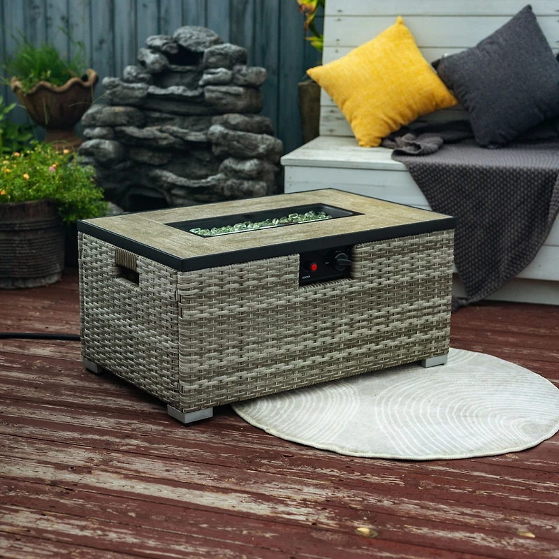Streamdale Beige Rattan Fire Pit Table with Tank Holder and Ceramic Tile Tabletop