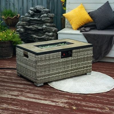 Streamdale Beige Rattan Fire Pit Table with Tank Holder and Ceramic Tile Tabletop