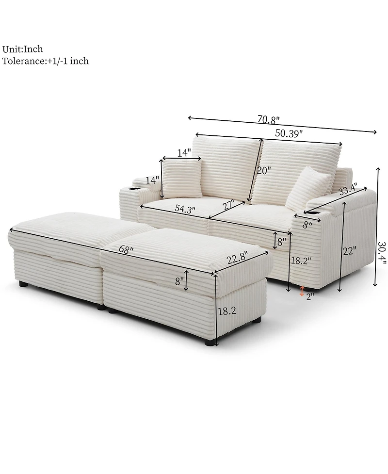 Streamdale Furniture Loveseat with Ottomans,Corduroy Fabric Modular Sectional Sofa,Comfy Deep Plush Couch with Ottomans and Two Pillows,for Small Spac