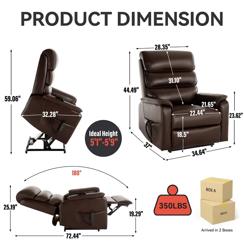 Brown Leatheraire Dual Motor Infinite Position Up to 350 Lbs Power Lift Recliner Chair with Power-Remote, Heat Massage and Heavy Duty Motion Mechanism