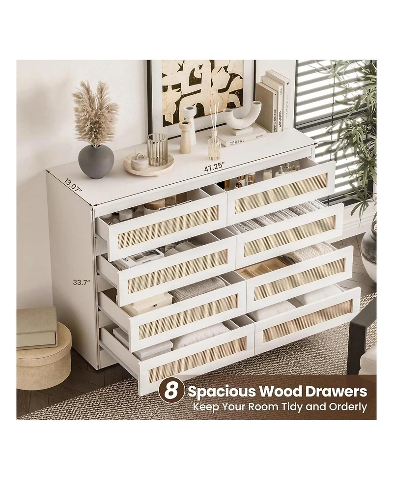 8 Drawer Double Dresser For Bedroom, Rattan Chest Of Dressers, Modern Wooden Dresser Chest