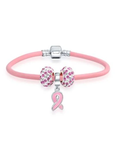 Bling Jewelry Support Breast Cancer Survivor Pink Ribbon Bead Charm Pink Leather Bracelet .925 Silver
