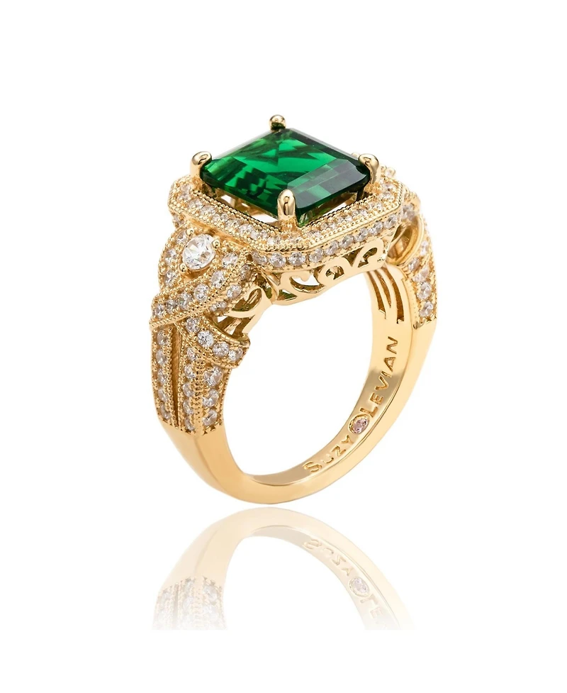 Suzy Levian Yellow Sterling Silver Emerald-Cut and White Cubic Zirconia Pave Ring