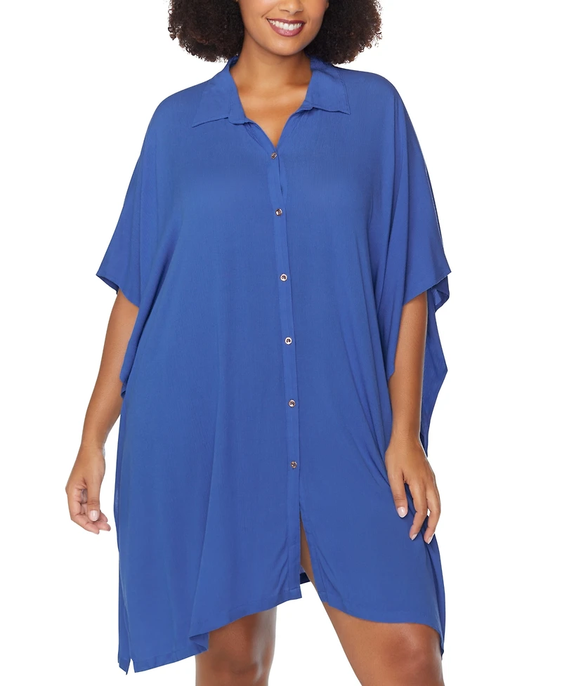Raisins Curve Trendy Plus Vacay Button-Front Cover-Up Shirt