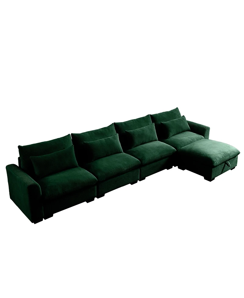 Streamdale Furniture Large L Shape Sectional Corduroy Sofa,Deep Seat Couch with Storage Footstool and 4 Waist Pillows, Green