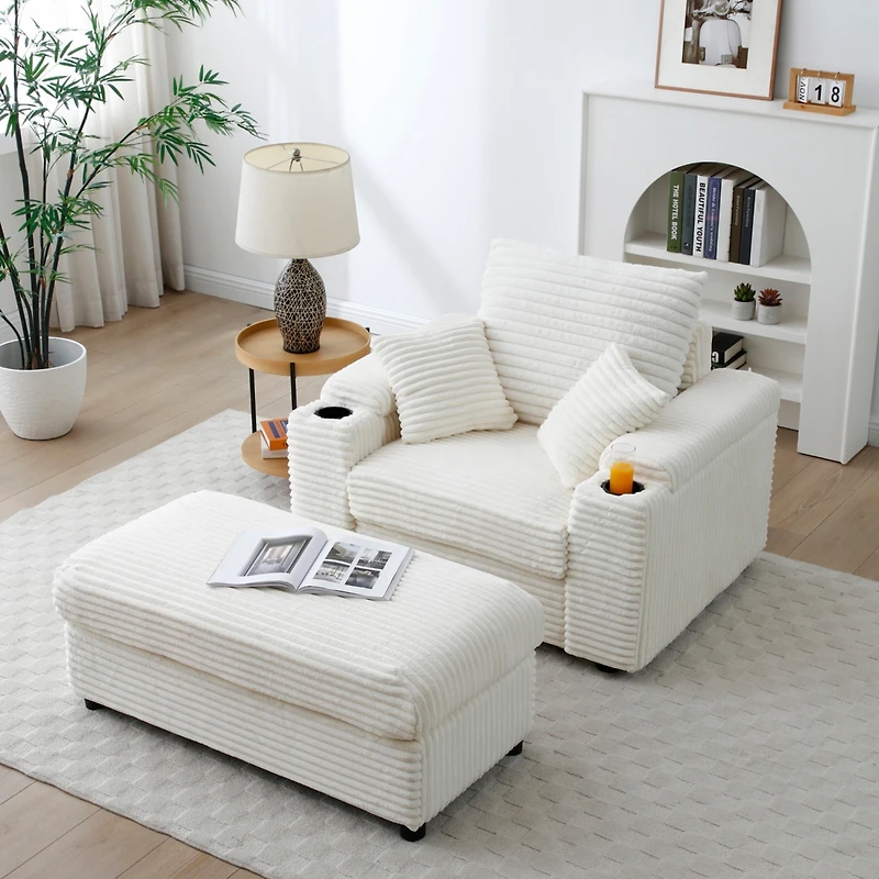 Streamdale Beige Accent Chair with Ottoman & Wide Armrests