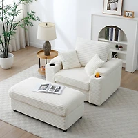 Streamdale Beige Accent Chair with Ottoman & Wide Armrests
