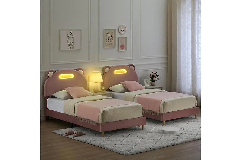 gaomon Led Twin Bed Frame with Light Pink Upholstered Adjustable Headboard, Velvet Platform, Wooden Slat Support, Noise-Free Construction, No Box Spri