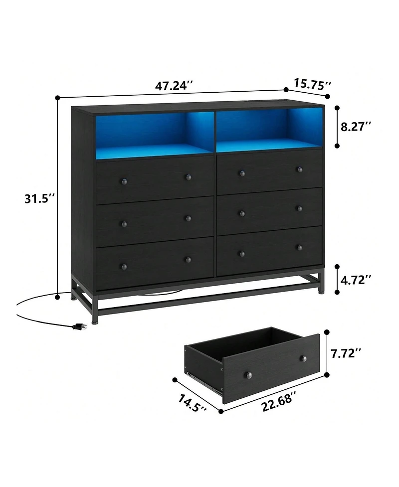 gaomon 6 Drawer Double Dresser Tv Stand, Bedroom Dresser With Power Outlet & Led Light, Wood Dresser For Room, Hallway, 47.2''W 15.8''D 36.2''H