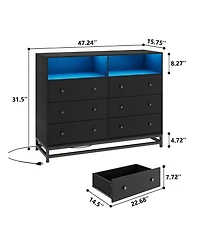 gaomon 6 Drawer Double Dresser Tv Stand, Bedroom Dresser With Power Outlet & Led Light, Wood Dresser For Room, Hallway, 47.2''W 15.8''D 36.2''H