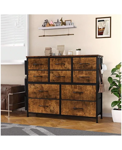 Dresser For Bedroom, 10 Drawers Fabric Storage Drawer, Dressers & Chest Of With Side Pockets, Hooks, Wood Tabletop Closet, Living Room, Ha