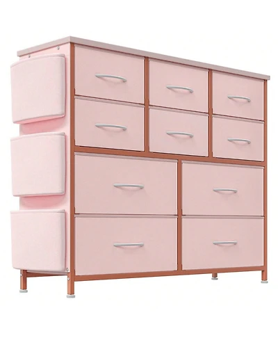 Dresser For Bedroom, 10 Drawers Fabric Storage Drawer, Dressers & Chest Of Drawers With Side Pockets, Hooks, Wood Tabletop For Closet, Living Room, Ha