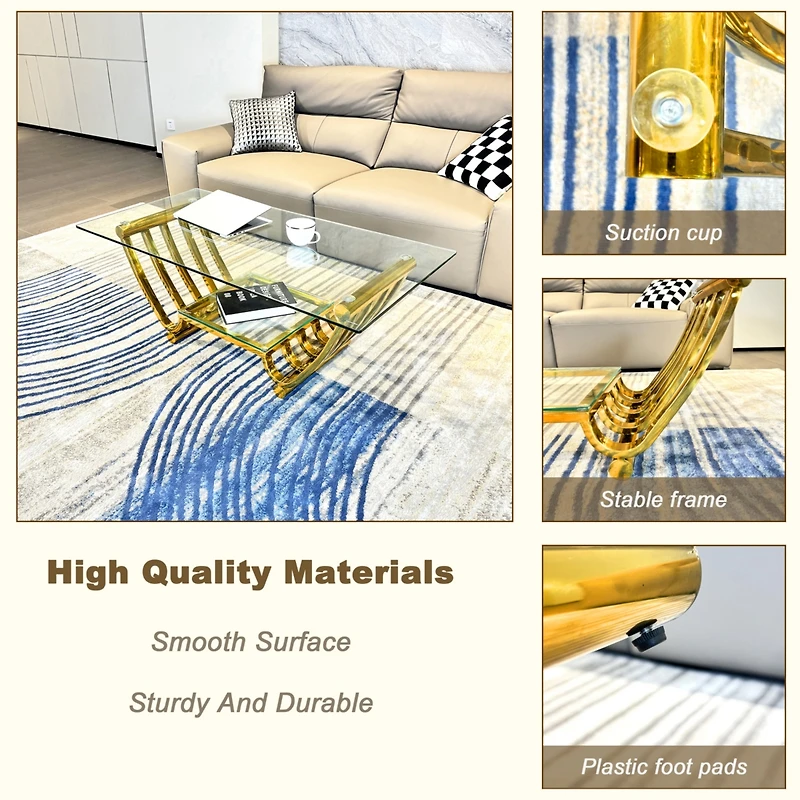 47" Rectangle Modern Stainless Steel Coffee Table, Double-Layer Clear Tempered Glass Coffee Table, Center Table Table with Storage, for Living Ro