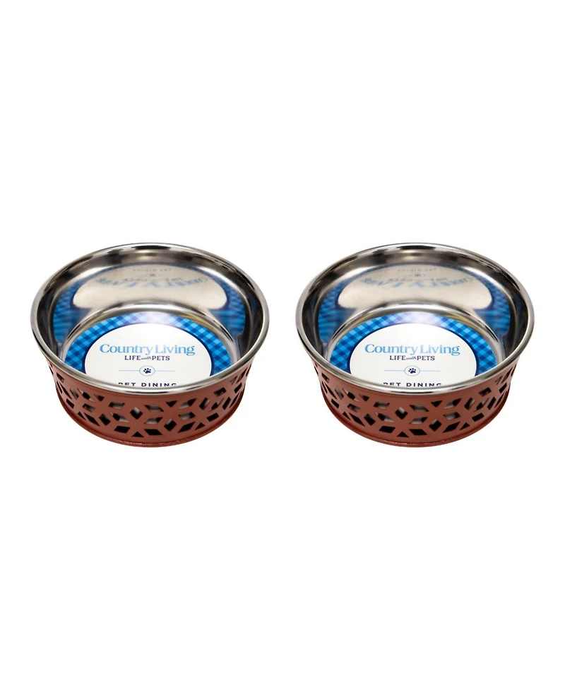 Country Living Set of 2 Stainless Steel Dog Bowls - Farmhouse Style, Durable & Non-Slip, Easy Clean Pet Feeder